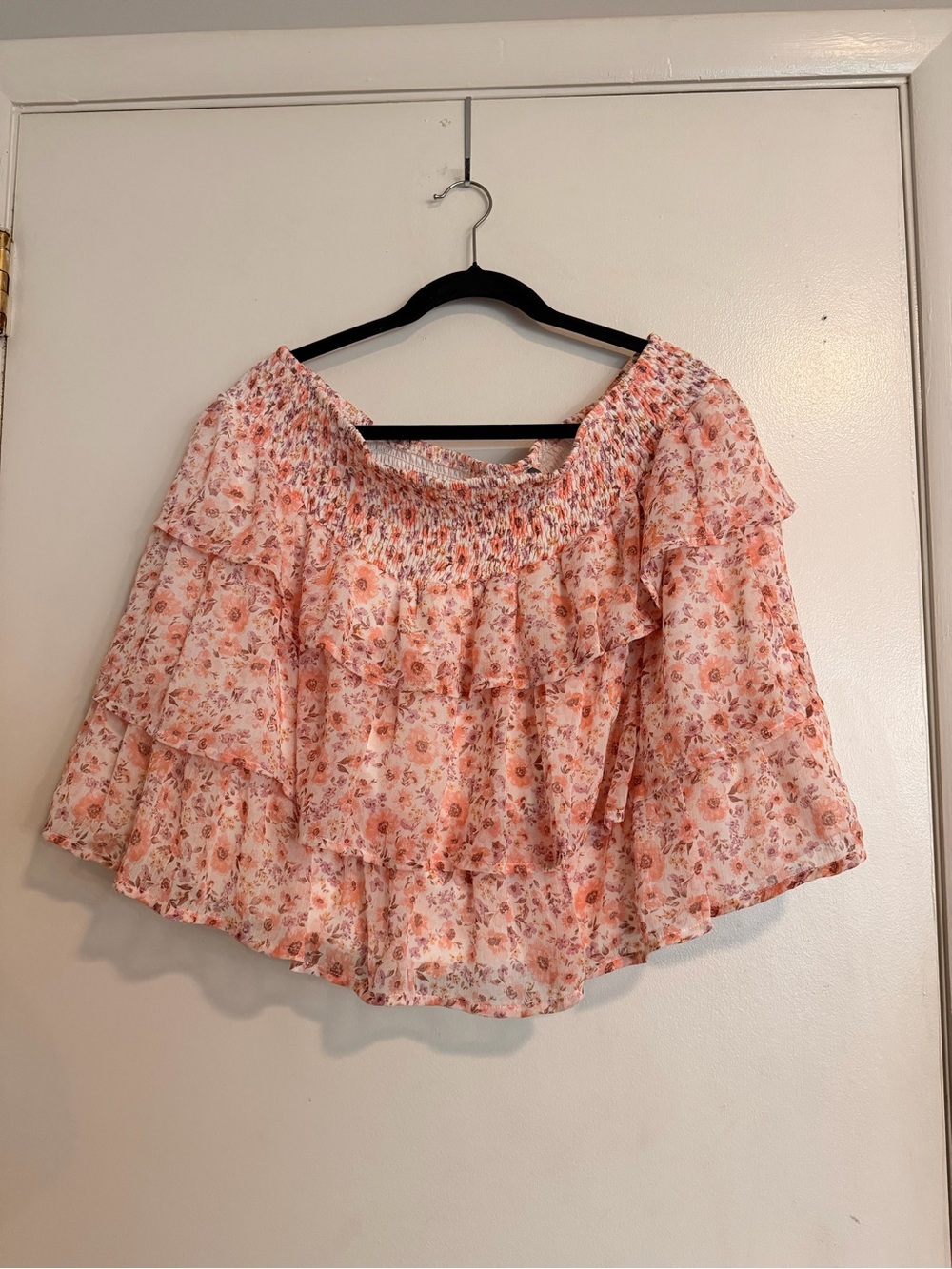 ARULA Peach Floral Smocked Off-Shoulder Ruffle Blouse